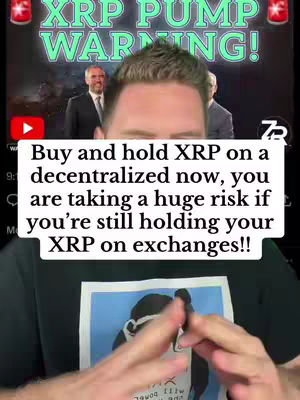 The cover image features a man in a black t-shirt speaking directly to the viewer. Behind him, there's a blurred background with three men in suits, suggesting a financial or business context. Overlaid across the image is a white text box with the headline "XRP PUMP WARNING!" and it contains the phrase "Buy and hold XRP on a decentralized now" with the details on the exchanges risk.