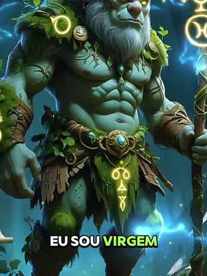 A digitally created, muscular humanoid figure with teal skin and plant-like clothing stands in a fantasy setting. The figure has a stern expression, a white beard, and wears green foliage accents. The background suggests an otherworldly, glowing environment. Text overlayed at the bottom reads 'EU SOU VIRGEM'.