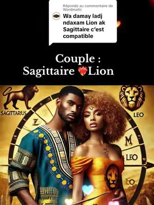 The cover image features a couple against the backdrop of a zodiac wheel. The man, with dark skin and a beard, is dressed in a patterned shirt. The woman, also of color, has curly hair and wears an orange dress. Text overlays include a comment bubble and the words "Couple: Sagittaire ❤️ Lion."