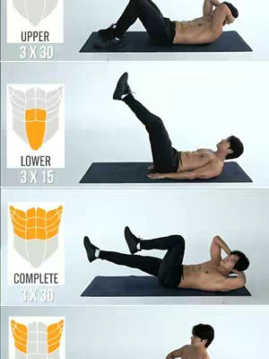 The cover image is a vertical collage of frames from a workout video. Each frame shows a man performing a different abdominal exercise and the text overlaying the image indicates the title of the exercise and related instructions . The man is dressed in workout attire, doing the exercises on top of a mat.