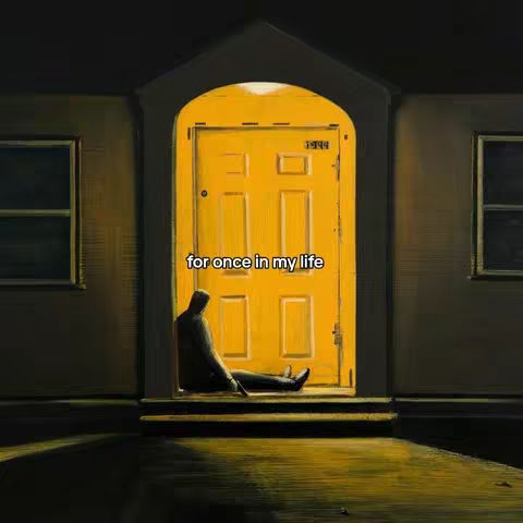 An artistic, digitally painted scene features a person sitting slumped against a bright yellow door that's within a dark arched opening. The door is the focal point, glowing with warmth. The figure is silhouetted in the shadows. The setting has an almost surreal, dreamlike quality. The text overlay sits below the door.