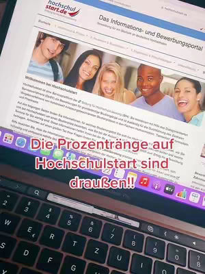 A laptop displaying a webpage, with text overlayed in a reddish-pink bar, and part of a laptop keyboard visible at the bottom. The webpage shows images of smiling people and text related to hochschulstart.de. The hook text is in a vibrant color, contrasting against the website's interface and the laptop itself