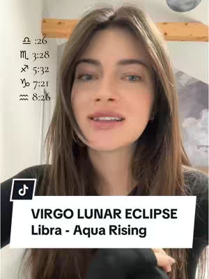 A woman with long brown hair is centered in the frame, looking directly at the camera with a soft expression. Behind her is a blurred interior setting, with a painting and wooden accents. The image is overlaid with text in a white box at the bottom and astrological symbols alongside numbers on the right side.