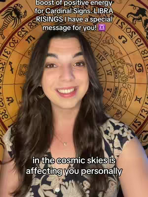 A woman with long brown hair smiles directly at the camera, set against a background of a circular astrology chart. Overlayed text gives a message for 'Libra Risings'.