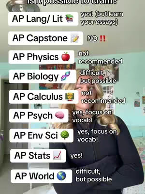 A woman with blonde hair stands in front of a light blue wall. Text boxes with different AP exam names and information listed on the left side. The woman is wearing a black hoodie and looking towards the camera with a slightly serious expression.