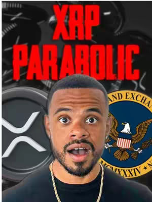A cover image featuring a man with an excited expression, overlaid with the words "XRP PARABOLIC" in large red text. The background includes the XRP cryptocurrency logo, a U.S. government seal, and numerous dark, blurred elements that resemble coins. The man has dark hair and is wearing a gold chain, with an open mouth and wide eyes conveying excitement.