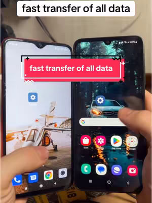 Two smartphones are held side-by-side, displaying app interfaces that suggest data transfer. The left phone has a white background featuring an image of a plane. The other phone displays what appears to be a street scene. The overlay text reads, fast transfer of all data .