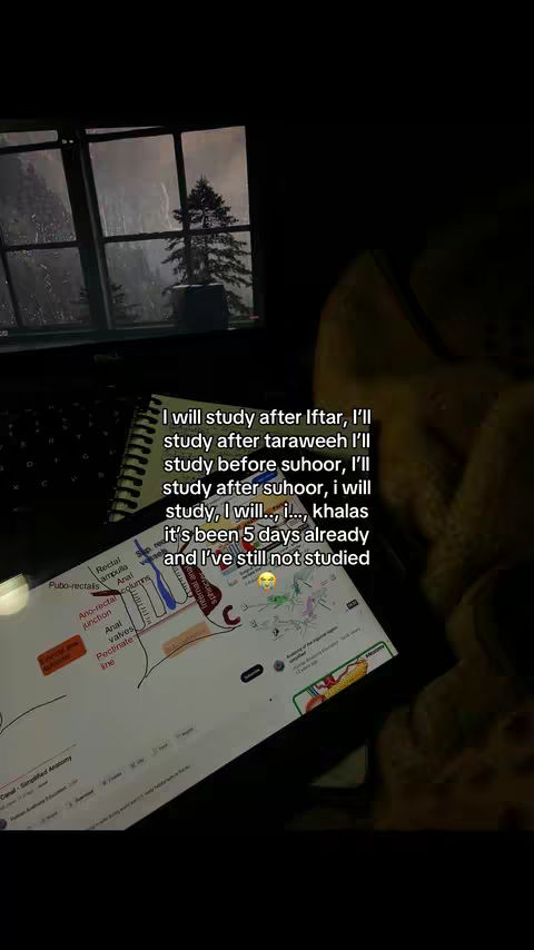 The image shows a dark interior with a window overlooking a rainy outdoor scene. A laptop and a notebook are in the foreground, with a tablet displaying anatomy diagrams. Text is overlaid, likely a study schedule or a reflection on studying.