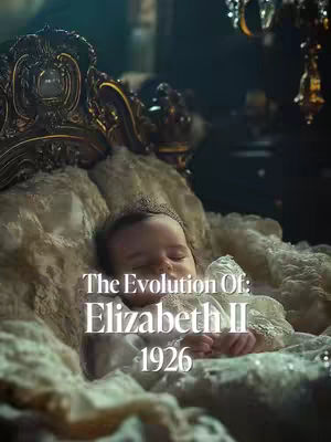 An image featuring a baby lying in a bed lined with fluffy, off-white fabric. Above the baby is an ornate, golden headboard, and to the side, a chandelier and other dark decor are visible, creating a regal and elegant ambiance. Text overlayed on the image reads "The Evolution Of: Elizabeth II 1926".