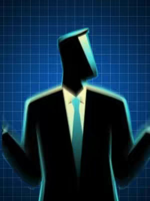 An illustrated figure in a suit silhouetted against a blue grid background. The figure's face is obscured, facing slightly to the side, and wears a tie. The lighting suggests a futuristic, possibly digital, aesthetic.