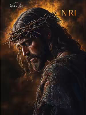 A digital artwork depicting Jesus Christ with a crown of thorns on his head, looking downwards with a somber expression. The background has a golden, glowing effect. The text 'INRI' is visible in the upper right corner.