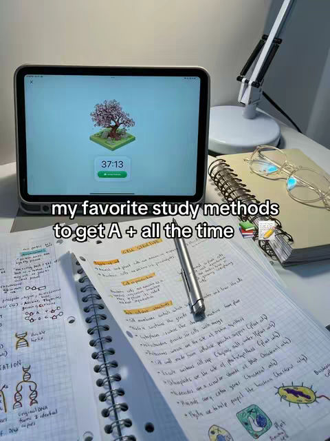 The image shows a desk setup. A tablet displays a tree graphic and timer from the app 'Focustree'. Below, two notebooks are open with handwritten notes and diagrams. A pen rests on the notes. In the background are a desk lamp, glasses, and a book.