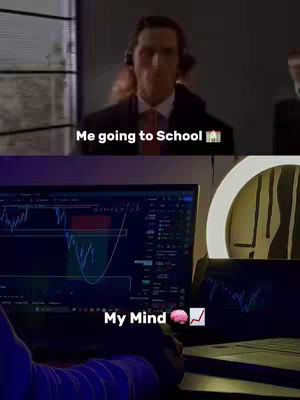 The image is split into two sections. The top section shows a scene from a movie with a man in a suit looking forward. The bottom section displays a person's hand interacting with a laptop with trading charts open and a circle light behind the laptop. Text overlays are placed at the bottom of each section.