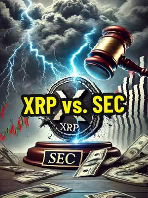 A digital artwork depicting a confrontation. The image features a stormy sky with lightning striking down towards a round emblem that says XRP and a platform under it, with the word SEC under it. Dollar bills are falling around the scene. Above, a gavel is falling.