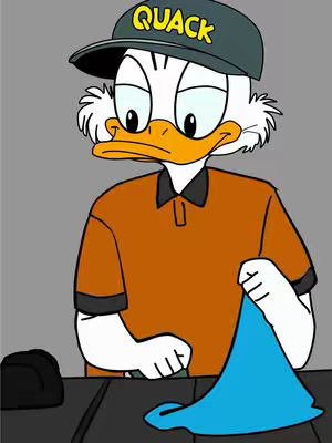 The image features Scrooge McDuck, a cartoon duck, wearing a cap with the word "QUACK" on it. He is looking downwards, as if contemplating something with a slightly worried expression. He is wearing an orange shirt and is against a gradient gray background.
