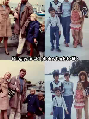 The image is a split screen with four sections showing different vintage photos likely scanned or taken in the past. Two sections display family photos taken outside with people of different ages. The other two sections pictures of a family on what seems to be an outside activity, such as ice skating.