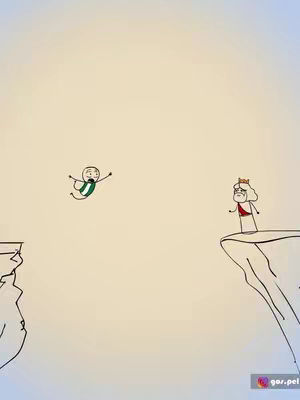 A cartoon image showing an individual, wearing a green and white outfit representative of the Nigerian flag falling from a cliff, with another figure overlooking from another cliff. A crown is on their head, appearing like a form of authority or judgement with a light blue gradient background.