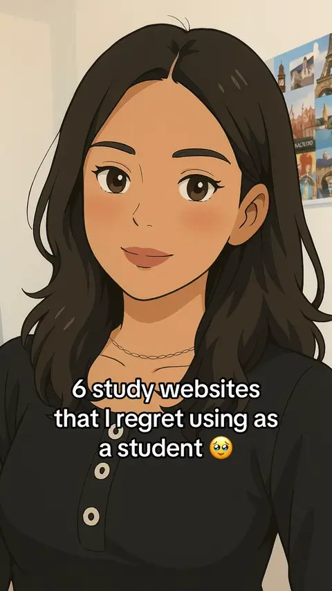 An anime-style drawing of a young woman with dark brown hair. She has a fair complexion, and is wearing a black shirt. The background shows a wall with some photos on it. Text overlayed on the image reads "6 study websites that I regret using as a student" in white text.