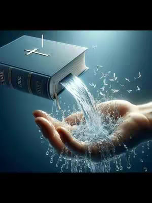 A digitally created image shows a Bible with a cross on its cover angled slightly to the left. Water flows from an opening in the book towards a cupped hand, with water droplets and small bird-shaped elements in the air.