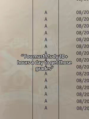 The image shows a close-up of a document or paper with multiple lines of text and numbers. The central focus is on a vertical list of 'A's, suggesting academic achievement. A text overlay is placed over the image in a black font and contains text about studying for the aforementioned grades.