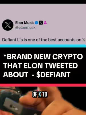 The cover image is a vertical screenshot from a mobile device. The top portion displays an Elon Musk tweet, with his profile picture and username displayed above the text. Below the tweet is a dark blue bar with white, bold text overlaying it, stating '*BRAND NEW CRYPTO THAT ELON TWEETED ABOUT - $DEFIANT'. The bottom part of the image is a blurry picture of a hand holding a device, likely the phone, but the content of the screen is unseen. The overall layout combines an information overlay with a background and text.