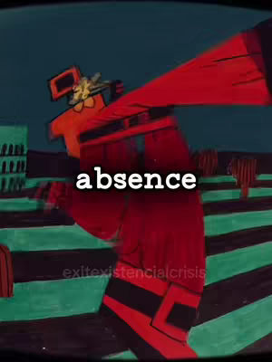 An animated figure in a red outfit with black stripes and a sign on its chest is tilted. The foreground has the word "absence" overlaid in a white font. The background features various shapes and shades of green and brown. The bottom of the image has text in the bottom left corner.