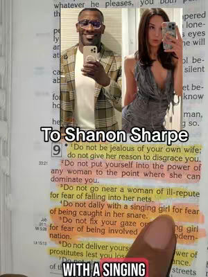 The cover image is of a page from the bible with the text from Sirach 9 highlighted and images of Shannon Sharpe and a woman added at the top of the page. The text overlay reads: 'To Shanon Sharpe'. The bottom also has text with red boxes highlighting portions of the image, and a finger pointing into the bottom right. The overall composition is layered, text-focused, and centered. Colors are a mix of neutral tones, with the red and yellow highlighting.