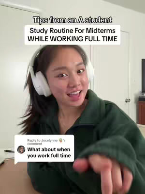 A young woman with long dark hair, wearing a dark green sweater, is smiling and pointing forward with her right hand. She wears white headphones and a text overlay with study tips.