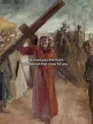An artistic depiction of Jesus carrying the cross, rendered in a classical painting style. Jesus, dressed in a red robe, is the central figure, bearing the cross. He has a sorrowful expression. There are other figures in the background, blurred, and a landscape evoking a time-worn aesthetic. The overall composition is dramatic, with a somber color palette of reds, browns, and subdued tones.