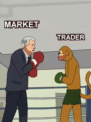 An animated image depicting a boxing match between a cartoon businessman labeled 'MARKET' and a monkey labeled 'TRADER' inside a boxing ring. The businessman sports a suit and boxing gloves, while the monkey is in boxing shorts and gloves. The background features neutral tones with the ring's ropes and posts.