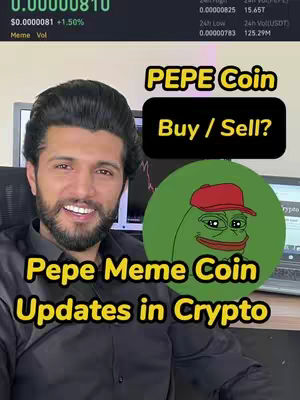 A smiling man in a black shirt is the central figure, set against a background that includes two computer screens displaying cryptocurrency market data and the Pepe the Frog meme in a red cap on a green circle. The image uses a warm color palette, with key information highlighted in yellow text.