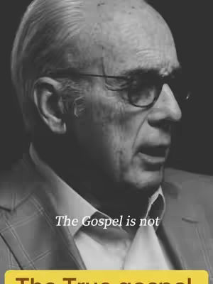 A grayscale image of an elderly man wearing glasses, looking slightly to the right. Text overlays are present, indicating the title and a sentence fragment relating to the gospel.
