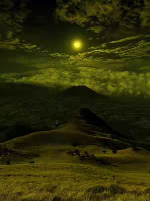 A picturesque landscape depicts a nighttime scene with a large full moon casting a yellow glow in a dark, slightly cloudy sky. Mountains are silhouetted in the background, and grassy plains fill the foreground, all illuminated by the moon's light.