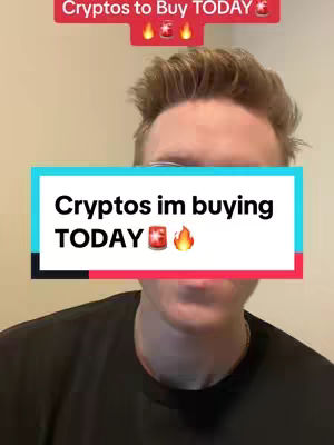 A selfie-style video cover shows a man in a black shirt. Overlaid text reads "Cryptos im buying TODAY" with a fire and a glass of drink emoji. Above the text, a red banner reads "Cryptos to Buy TODAY" with fire emojis.