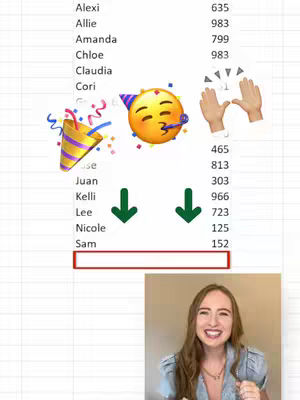 The cover image features a split screen. On the top half, a spreadsheet-like table displaying names and numerical data is shown with emojis and arrows overlaid. On the bottom half, a woman is smiling at the camera.