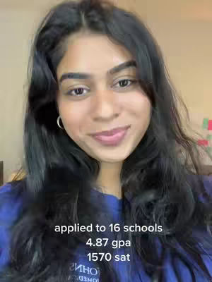 A young woman with long, dark hair smiles at the camera. Text overlayed on the image indicates that she has applied to 16 schools and provides her GPA and SAT score.