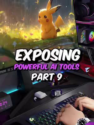 The cover image shows a well-lit workspace with a person's hands on a backlit keyboard and a watch. A Pikachu character is featured in the upper part of the image against a blurred, natural-looking background. The text overlay is bold, white letters with a purple stroke, conveying information about AI tools.