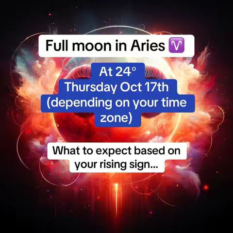 A visually engaging graphic with a celestial theme, featuring a vibrant, swirling nebula as the background. In the foreground, several rectangular boxes feature overlaid text, announcing 'Full moon in Aries' in a clean, modern font. Additional text provides details about the moon's phase, date, and expectations for different rising signs. The overall impression is educational and aesthetically pleasing.