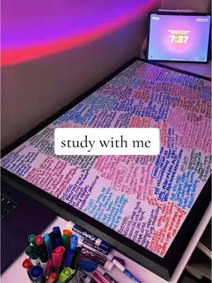 The image shows a desk with a large sheet of paper covered in handwritten notes, likely study notes. A 'study with me' overlay is present. There's a laptop, a colorful collection of markers, and an iPad displaying a clock.