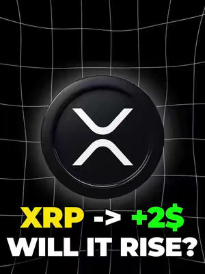 A graphic with a black and white grid background. A black circle with the XRP logo in white is centered. Below is text in yellow and green indicating a price increase.