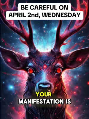 A digitally rendered image featuring a stag or deer with prominent antlers. The creature's overall color scheme is a mix of dark blues, reds, and purples, giving it a mystical appearance. The antlers are a vibrant red, contrasting with the darker tones of the body. The background is a swirling galaxy, filled with nebulas and stars, creating a cosmic and spiritual atmosphere. Text overlays are strategically placed across the image.