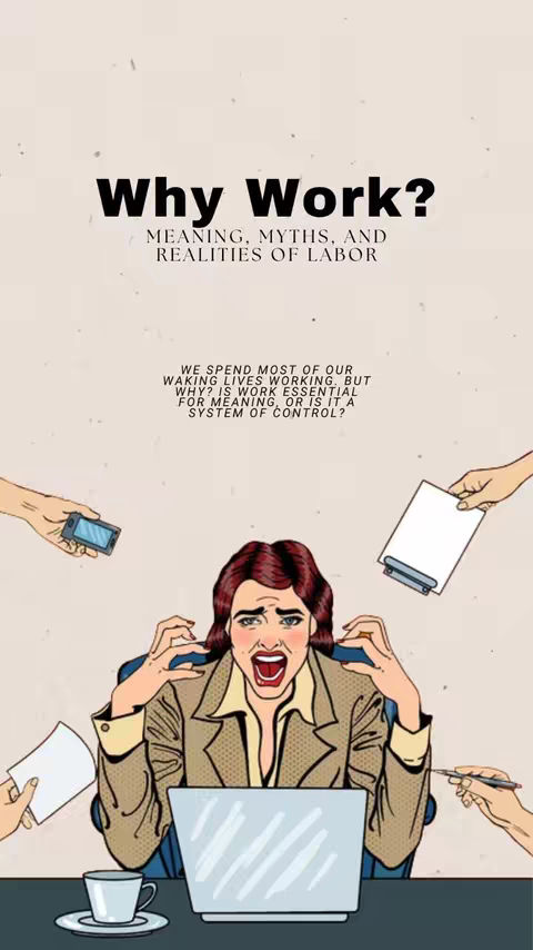 A pop art style image features a woman with fiery red hair, her face contorted in an expression of frustration and distress. Surrounding her are drawings of hands interacting with work-related objects, such as a phone, notepad, and pen. The background is a muted beige, and text overlays provide context. The overall composition uses bold colors and lines to communicate the themes of labor and the pressures of work.