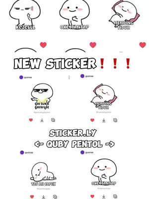 The cover image is a collection of cartoon stickers of a white, egg-shaped character with various expressions and poses. The layout is a grid-like arrangement, with text overlays indicating the sticker names and descriptions. Hearts are scattered in the background.