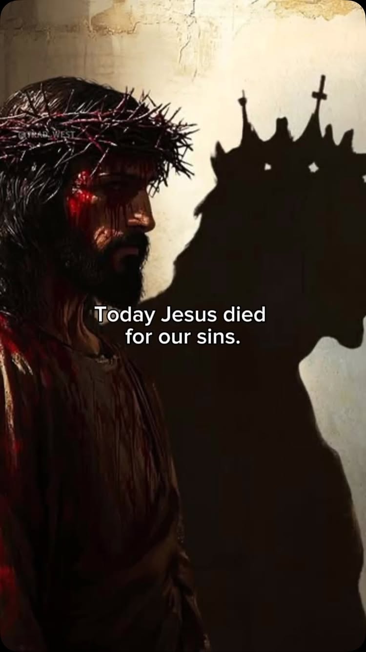 The image features a profile view of a man with a crown of thorns, with blood around his face. A shadowy silhouette of a crown is visible in the background. Text reading 'Today Jesus died for our sins' is overlaid on the image.