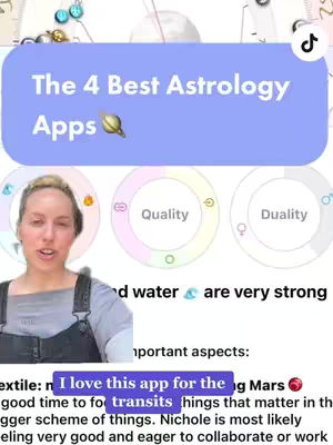 The cover image showcases a woman in a selfie-style shot, with a light purple banner above her. The banner reads "The 4 Best Astrology Apps" in white, bold text. The woman, with light skin and blonde hair, is positioned below and slightly to the left of the banner, with a friendly expression. The background includes various circular graphic elements with astrological symbols. Text overlays the bottom section of the image.