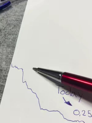 A close-up shot of a piece of paper with a hand-drawn line graph in blue ink. A red pen is positioned at a diagonal, pointing towards a downward trend in the graph. Below the pen, text in blue ink reads \"Today\". Beneath that, an arrow points to the number \"0,25\" representing a value.