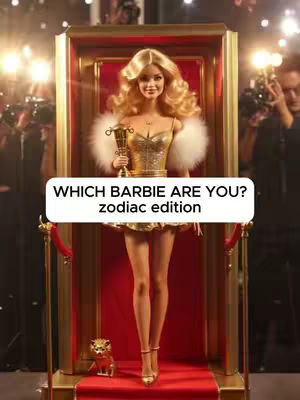 The cover image features a Barbie doll in a gold dress, holding a trophy, positioned on a red carpet inside a gold-framed box. The Barbie is surrounded by paparazzi with flashlights on each side and behind the Barbie, creating a celebrity-like atmosphere. A text overlay reads, 'WHICH BARBIE ARE YOU? zodiac edition.'