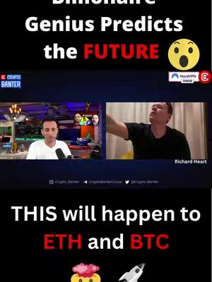 The cover image is vertically oriented and split into sections. The top section has the text overlay, which is white text on a dark background stating a "Billionaire Genius Predicts the FUTURE" with a surprised emoji. The following layers appear to show two different portions of a video interview with a person named Richard Heart, featuring a mix of dark and bright environments, with the bottom portion of the image displaying the text overlay saying "THIS will happen to ETH and BTC" along with visual elements like a pink cloud and a rocket.