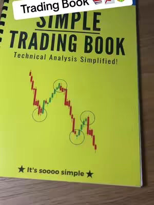 The cover image shows an open book with a yellow background. The book title is "SIMPLE TRADING BOOK" in a large, bold font. Below this, it has "Technical Analysis Simplified!". A chart pattern graphic with red and green lines and circles is displayed on the page. At the top is a text overlay in a white box that says "Trading Book".