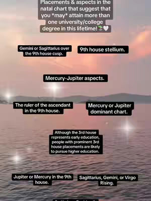 A serene image featuring a body of water with a cloudy sky in the background. Overlayed on the image are several text boxes, in various colors, outlining different astrological placements and their associations with achieving higher education. The layout is organized diagonally. The overall composition is clean and straightforward, focusing on visual clarity.